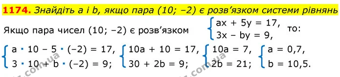 1174. Знайдіть а і b, якщо пара (10; –2) є розв’язком системи рівнянь — ГДЗ Алгебра 7 клас Істер 2024