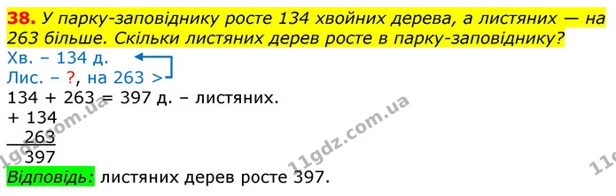 38. У парку-заповіднику росте 134 хвойних дерева, а листяних — на 263 більше. Скільки листяних дерев росте в парку-заповіднику? — ГДЗ Математика 3 клас Лишенко (1, 2 частина)