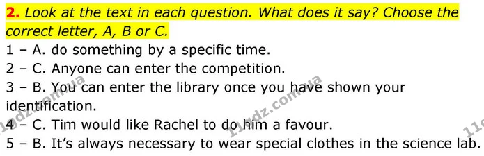 2. Look at the text in each question. What does it say? Choose the correct letter, A, B or C. — ГДЗ робочий зошит Англійська мова 8 клас Гарет Джонс 2025