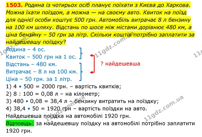 1503. Родина із чотирьох осіб планує поїхати з Києва до Харкова. Можна їхати поїздом, а можна — на своєму авто. Квиток на поїзд для — ГДЗ Математика 6 клас Істер 2023 1-2 ч.