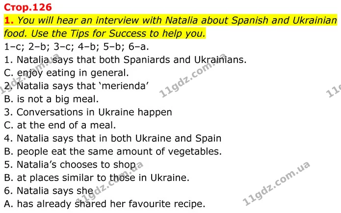 1. You will hear an interview with Natalia about Spanish and Ukrainian food. Use the Tips for Success to help you. — ГДЗ Англійська мова 8 клас Стайрінг (Prepare)
