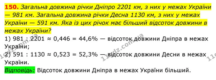 150. Загальна довжина річки Дніпро 2201 км, з них у межах України — 981 км. Загальна довжина річки Десна 1130 км, з них у межах України — ГДЗ Алгебра 7 клас Мерзляк, Полонський 2015