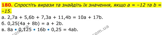 180. Спростіть вирази та знайдіть їх значення, якщо а = –12 та b = –15. — ГДЗ Математика 6 клас Біос 1-2 ч.