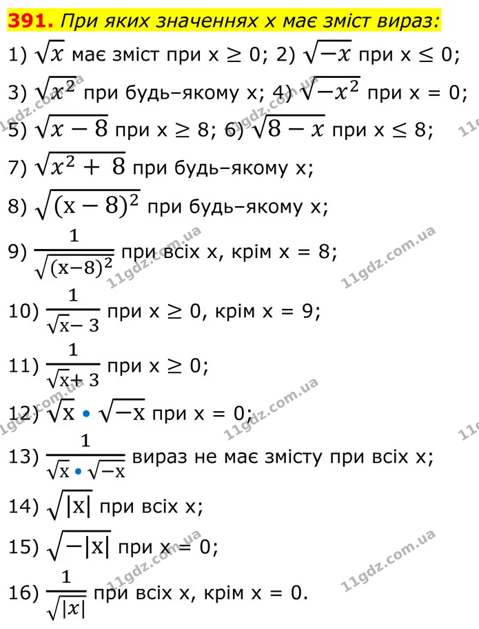 391. При яких значеннях x має зміст вираз: — ГДЗ Алгебра 8 клас Мерзляк