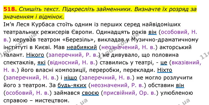 518. Спишіть текст. Підкресліть займенники. Визначте їх розряд за значенням і відмінок. — ГДЗ Відповіді Українська мова 6 клас Єрмоленко