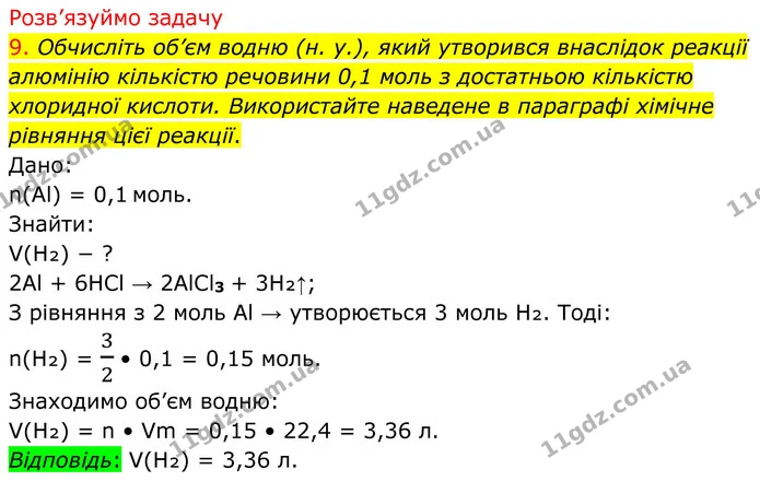 9. Обчисліть об’єм водню (н. у.), який утворився внаслідок реакції алюмінію кількістю речовини 0,1 моль з достатньою кількістю — ГДЗ Хімія 8 клас Попель