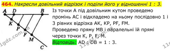 464. Накресли довільний відрізок і поділи його у відношенні 1 : 3. — ГДЗ Геометрія 8 клас Бевз