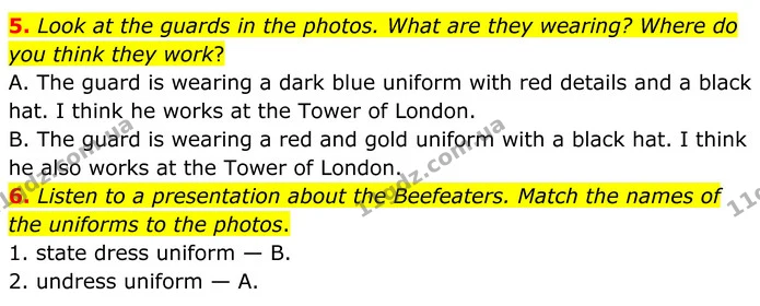 5. Look at the guards in the photos. What are they wearing? Where do you think they work? — ГДЗ Англійська мова 8 клас Стайрінг (Prepare)