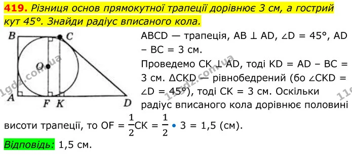 419. Різниця основ прямокутної трапеції дорівнює 3 см, а гострий кут 45°. Знайди радіус вписаного кола. — ГДЗ Геометрія 8 клас Бевз