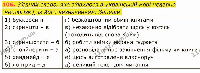 106. З’єднай слово, яке з’явилося в українській мові недавно (неологізм), із його визначенням. Запиши. — ГДЗ Українська мова 5 клас Онатій