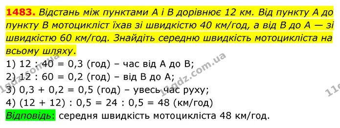 1483. Відстань між пунктами А і В дорівнює 12 км. Від пункту А до пункту В мотоцикліст їхав зі швидкістю 40 км/год, а від В до А — зі — ГДЗ Математика 5 клас Кравчук
