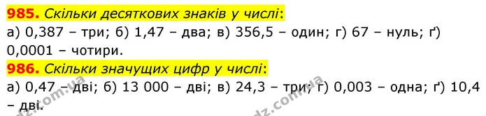 985. Скільки десяткових знаків у числі: — ГДЗ Математика 6 клас Бевз 1-2 ч.