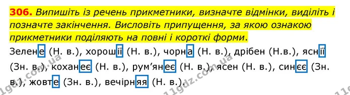306. Випишіть із речень прикметники, визначте відмінки, виділіть і позначте закінчення. Висловіть припущення, за якою ознакою — ГДЗ Українська мова 6 клас Голуб 2023
