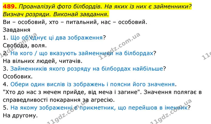 489. Проаналізуй фото білбордів. На яких із них є займенники? Визнач розряди. Виконай завдання. — ГДЗ Українська мова 6 клас Онатій