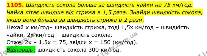 1105. Швидкість сокола більша за швидкість чайки на 75 км/год. Чайка літає швидше від стрижа в 1,5 раза. Знайди швидкість сокола, якщо — ГДЗ Математика 6 клас Бевз 1-2 ч.