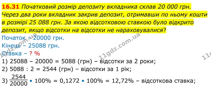 16.31 Початковий розмір депозиту вкладника склав 20 000 грн. Через два роки вкладник закрив депозит, отримавши по ньому кошти в розмірі — ГДЗ Алгебра 8 клас Істер