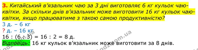 3. Китайський в’язальник чаю за 3 дні виготовляє 6 кг кульок чаю-квітки. За скільки днів в’язальник може виготовити 16 кг кульок — ГДЗ Математика 3 клас Лишенко (1, 2 частина)