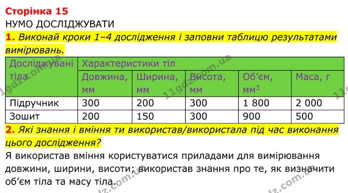 1. Виконай кроки 1–4 дослідження і заповни таблицю результатами вимірювань. — ГДЗ робочий зошит Пізнаємо природу 5 клас Коршевнюк