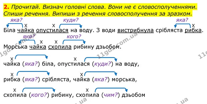 2. Прочитай. Визнач головні слова. Вони не є словосполученнями. Спиши речення. Випиши з речення словосполучення за зразком. — ГДЗ Українська мова та читання 3 клас Большакова 1-2 ч.