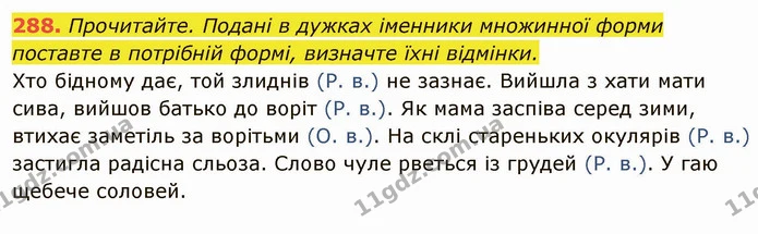 288. Прочитайте. Подані в дужках іменники множинної форми поставте в потрібній формі, визначте їхні відмінки. — ГДЗ Українська мова 6 клас Глазова