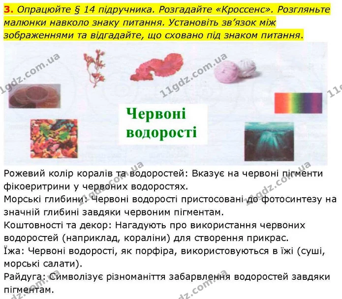 3. Опрацюйте § 14 підручника. Розгадайте «Кроссенс». Розгляньте малюнки навколо знаку питання. Установіть зв’язок між зображеннями та — ГДЗ робочий зошит Біологія 7 клас Кулініч