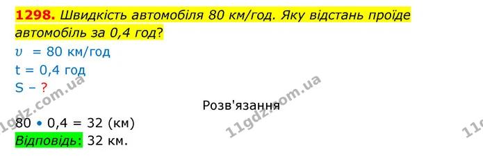 1298. Швидкість автомобіля 80 км/год. Яку відстань проїде автомобіль за 0,4 год? — ГДЗ Математика 5 клас Бевз
