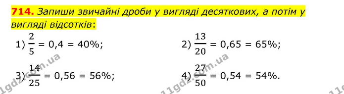 714. Запиши звичайні дроби у вигляді десяткових, а потім у вигляді відсотків: — ГДЗ Математика 6 клас Істер 2023 1-2 ч.