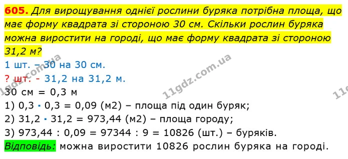 605. Для вирощування однієї рослини буряка потрібна площа, що має форму квадрата зі стороною 30 см. Скільки рослин буряка можна — ГДЗ Математика 6 клас Істер