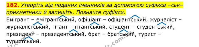 182. Утворіть від поданих іменників за допомогою суфікса –ськ– прикметники й запишіть. Позначте суфікси. — ГДЗ Українська мова 6 клас Заболотний 2023