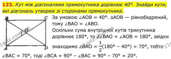 123. Кут між діагоналями прямокутника дорівнює 40°. Знайди кути, які діагональ утворює зі сторонами прямокутника. — ГДЗ Геометрія 8 клас Бевз