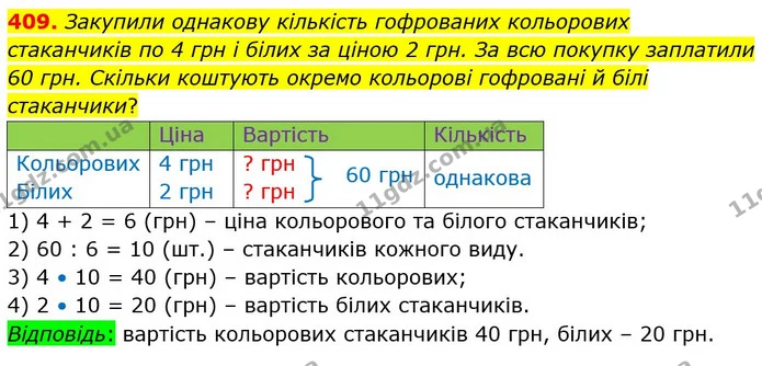 409. Закупили однакову кількість гофрованих кольорових стаканчиків по 4 грн і білих за ціною 2 грн. За всю покупку заплатили 60 грн — ГДЗ Математика 4 клас Лишенко 1-2 ч.