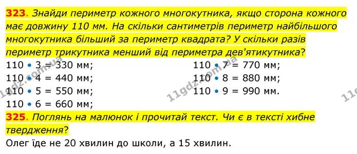 323. Знайди периметр кожного многокутника, якщо сторона кожного має довжину 110 мм. На скільки сантиметрів периметр найбільшого — ГДЗ Математика 3 клас Бевз 2 частина