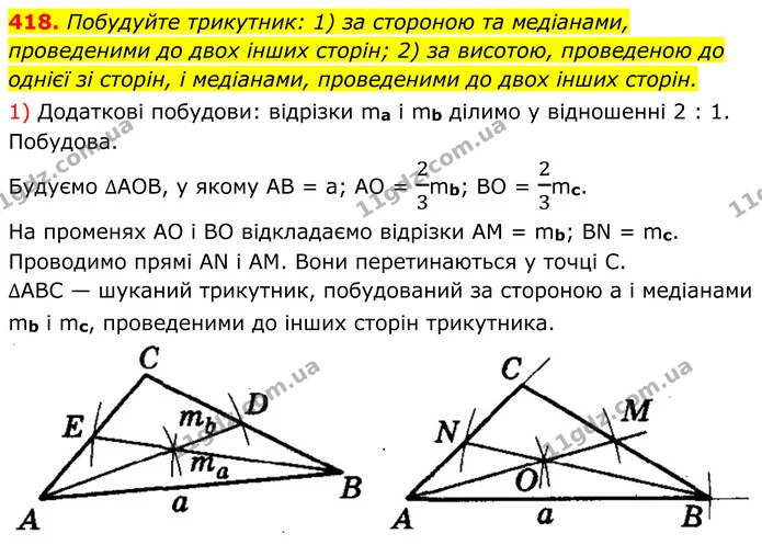 418. Побудуйте трикутник: 1) за стороною та медіанами, проведеними до двох інших сторін; 2) за висотою, проведеною до однієї зі сторін — ГДЗ Геометрія 8 клас Мерзляк