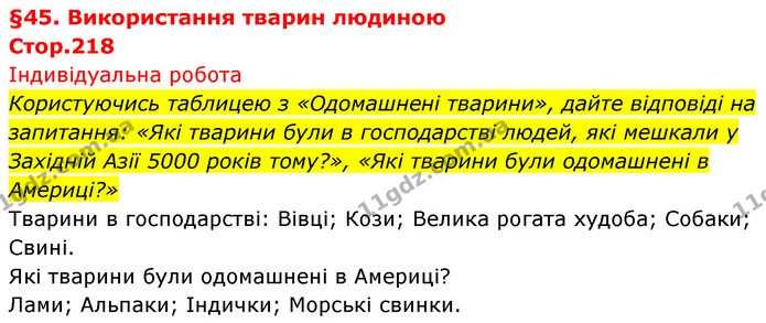 Користуючись таблицею з «Одомашнені тварини», дайте відповіді на запитання: «Які тварини були в господарстві людей, які мешкали у — ГДЗ Біологія 7 клас Тагліна
