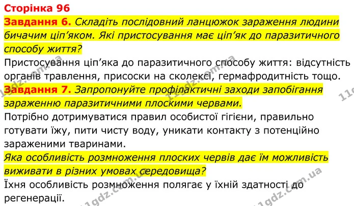 6. Складіть послідовний ланцюжок зараження людини бичачим ціп’яком. Які пристосування має ціп’як до паразитичного способу життя? — ГДЗ Робочий зошит Біологія 7 клас Мирна 2024