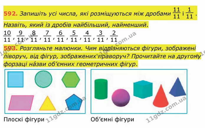 592. Запишіть усі числа, які розміщуються між дробами і . Назвіть, який із дробів найбільший, найменший. — ГДЗ Математика 4 клас Оляницька