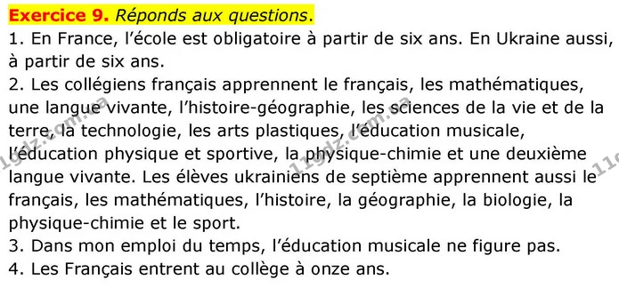 Exercice 9. Réponds aux questions. — ГДЗ Французька мова 7 клас Чумак