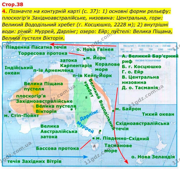 4. Позначте на контурній карті (с. 37): 1) основні форми рельєфу: плоскогір’я Західноавстралійське, низовина: Центральна, гори: Великий — ГДЗ зошит для практичних Географія 7 клас Довгань