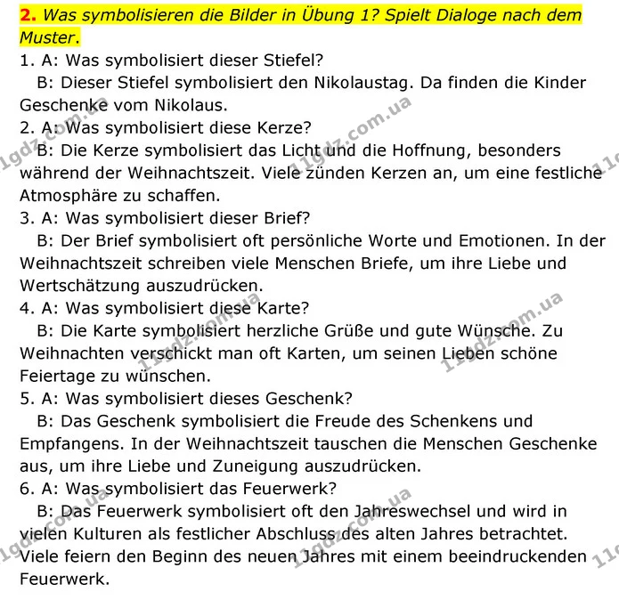 2. Was symbolisieren die Bilder in Übung 1? Spielt Dialoge nach dem Muster. — ГДЗ Німецька мова 6 клас Сотникова 2 рік (2023)