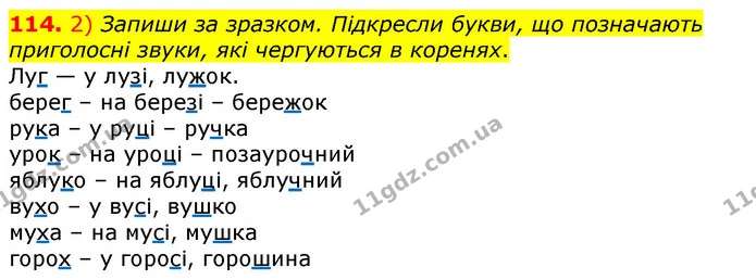 114. 2) Запиши за зразком. Підкресли букви, що позначають приголосні звуки, які чергуються в коренях. — ГДЗ Українська мова та читання 3 клас Коваленко (1 частина)