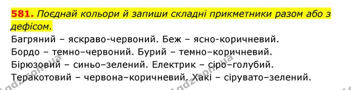 581. Поєднай кольори й запиши складні прикметники разом або з дефісом. — ГДЗ Українська мова 6 клас Онатій
