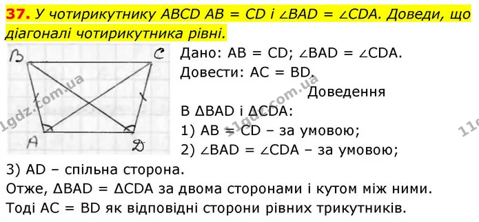 37. У чотирикутнику ABCD AB = CD і ∠BAD = ∠CDA. Доведи, що діагоналі чотирикутника рівні. — ГДЗ Геометрія 8 клас Бевз