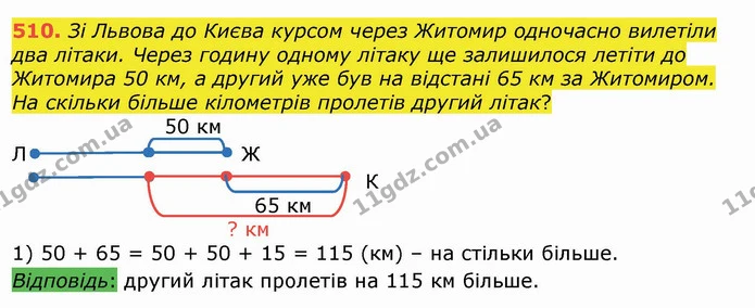 510. Зі Львова до Києва курсом через Житомир одночасно вилетіли два літаки. Через годину одному літаку ще залишилося летіти до Житомира — ГДЗ Математика 4 клас Лишенко 1-2 ч.