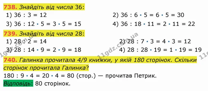 738. Знайдіть від числа 36: — ГДЗ Математика 5 клас Мерзляк