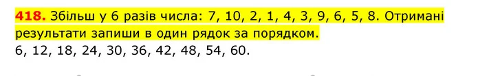 418. Збільш у 6 разів числа: 7, 10, 2, 1, 4, 3, 9, 6, 5, 8. Отримані результати запиши в один рядок за порядком. — ГДЗ Математика 3 клас Будна 1-2 ч.