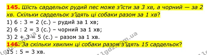145. Шість сардельок рудий пес може з’їсти за 3 хв, а чорний — за 2 хв. Скільки сардельок з’їдять ці собаки разом за 1 хв? — ГДЗ Математика 4 клас Бевз 1 та 2 частини