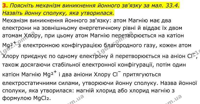 3. Поясніть механізм виникнення йонного зв'язку за мал. 33.4. Назвіть йонну сполуку, яка утворилася. — ГДЗ Хімія 8 клас Мідак