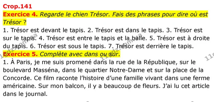 Exercice 4. Regarde le chien Trésor. Fais des phrases pour dire où est Trésor ? — ГДЗ Французька мова 7 клас Чумак