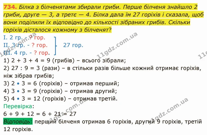 734. Білка з білченятами збирали гриби. Перше білченя знайшло 2 гриби, друге — 3, а третє — 4. Білка дала їм 27 горіхів і сказала, щоб — ГДЗ Математика 4 клас Оляницька