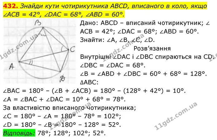 432. Знайди кути чотирикутника ABCD, вписаного в коло, якщо — ГДЗ Геометрія 8 клас Бевз